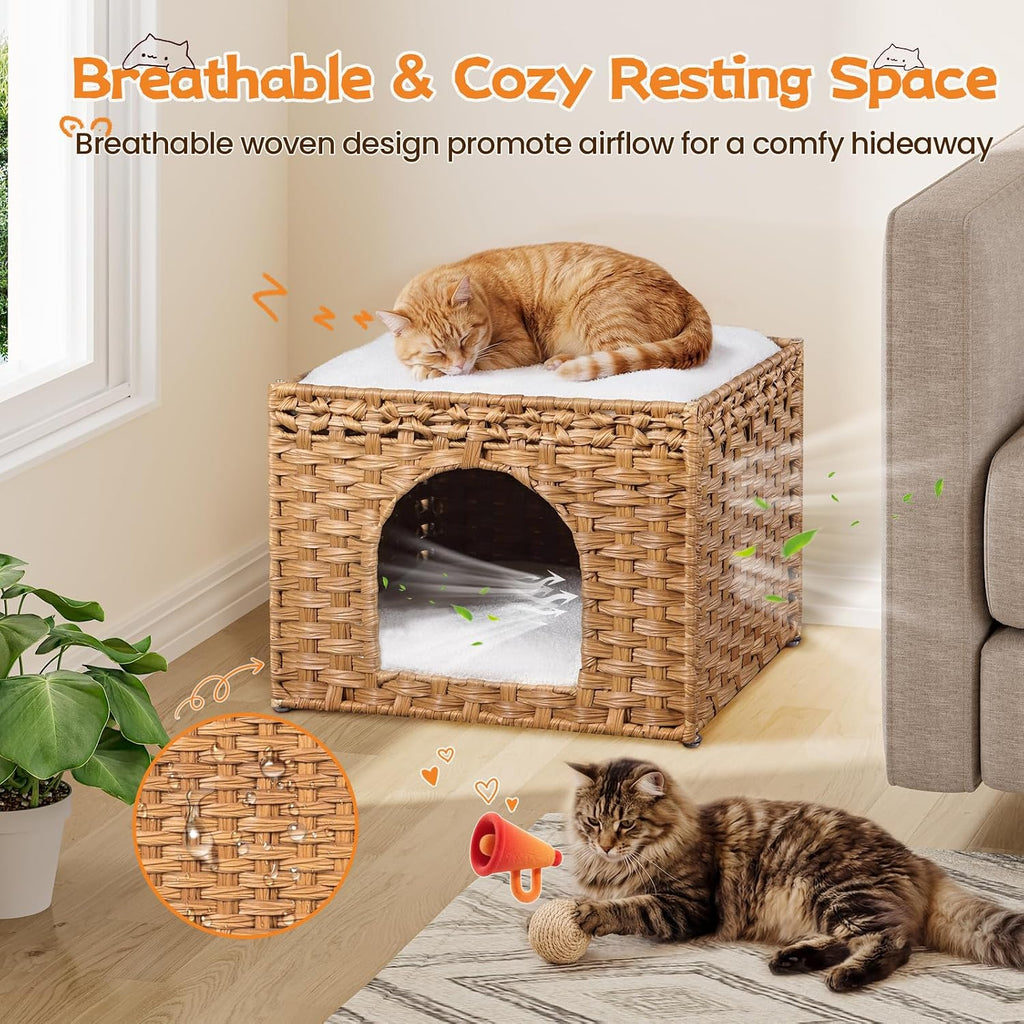 Handwoven Rattan Cat House - Indoor Foldable Cat Bed Cave with 2 Removable Bed Mats, Large Kitten House, Hideaway Pet