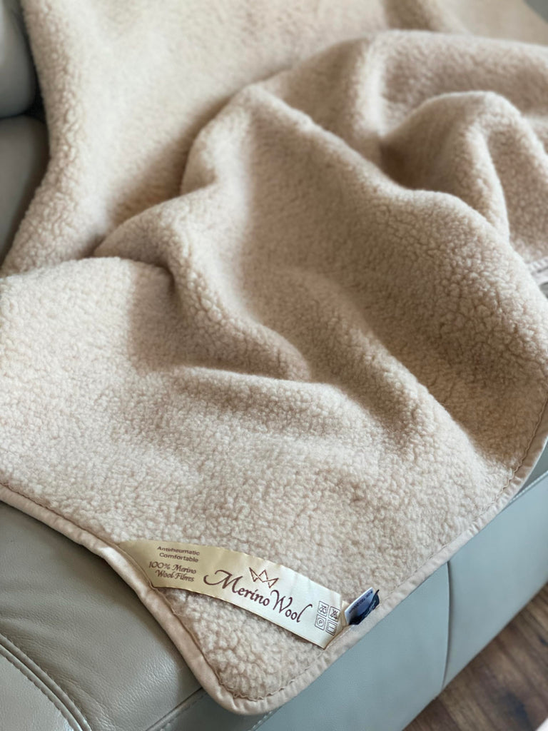 Bedding Blanket/Big Throw Wool Blanket 98" x 79" Beige Blanket Woolmark