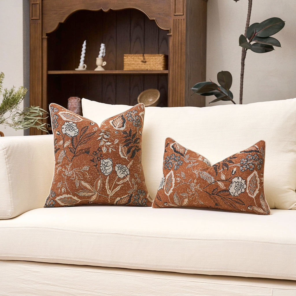 Rust Orange Floral Textured Lumbar Throw Pillow Cover 12x20 Fall Vintage Accent Pillow Cover Farmhouse Cushion Cover