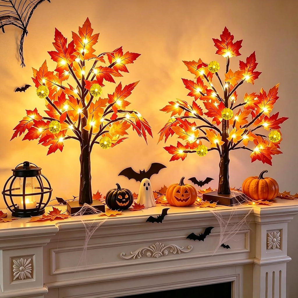 Fall Decor 2 Pack 18 Inch Prelit Fall Maple Tree 48 LEDs Timer - Set of 2
