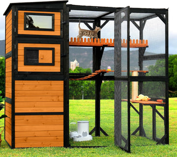 Large Wooden Catio Outdoor Cat Enclosure with 4-Tier Design