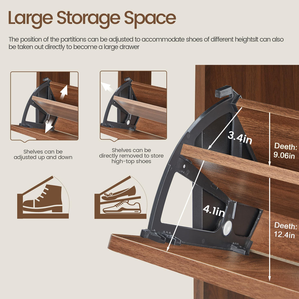 Fluted Shoe Storage Cabinet with 3 Flip Drawers (All Walnut, 3 Drawers)