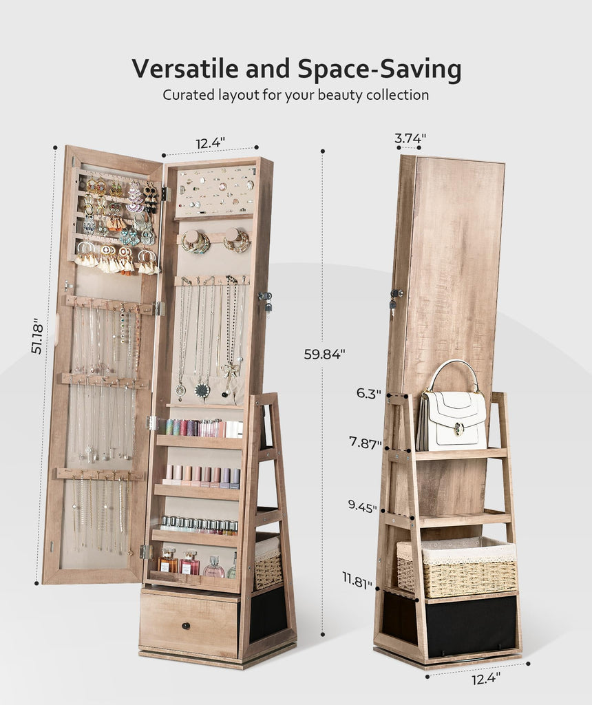 360° Swivel Jewelry Cabinet, Full Length Mirror, Lockable, Oak
