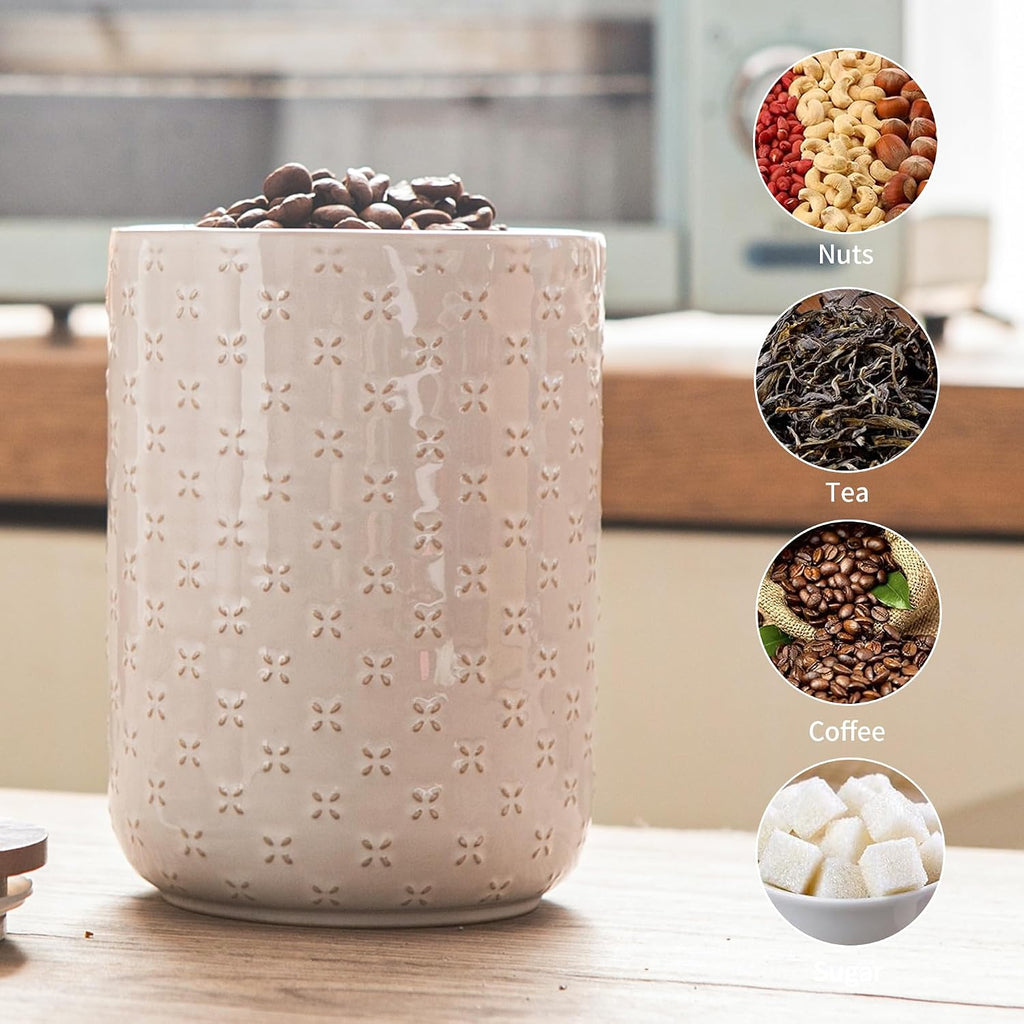 Embossed Ceramic Canister Set with Airtight Bamboo Lid - Set of 3