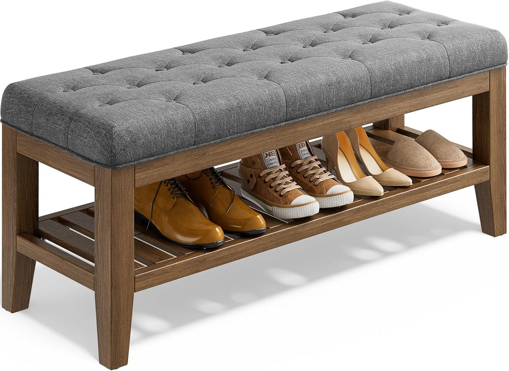 End of Bed Storage Bench, 42.9" Entryway Shoe Bench with Solid Wood Shelf, Upholstered Ottoman with Padded Seat and