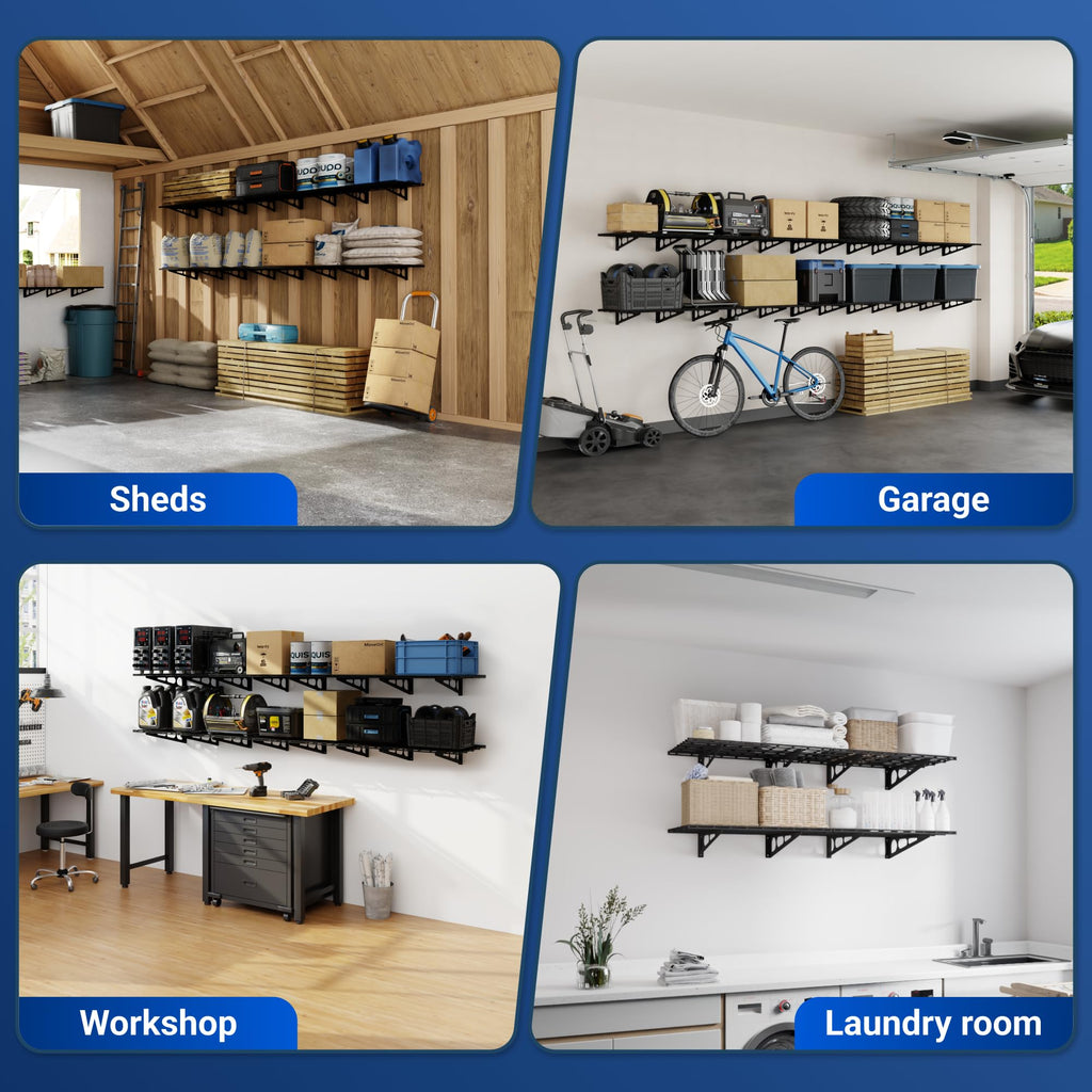 2-Pack 2x4ft 24-inch-by-48-inch Wall Shelf Garage Storage Rack Wall Mounted Floating Shelves, Black, Classic Series