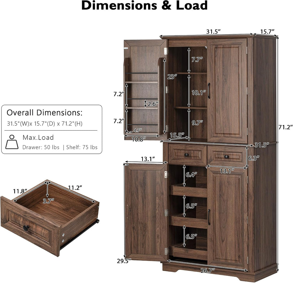 71" Tall Farmhouse Pantry Cabinet with Pull-Out Shelves, Brown | Farmhouse Pantry Cabinet, Pull-Out Organizers, Door