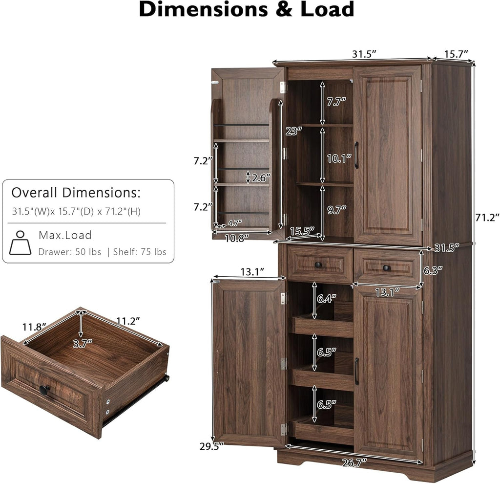 71" Farmhouse Pantry Cabinet with Pull Out Shelves & Drawers | Embossed texture, 3 pull out organizers, 6 door