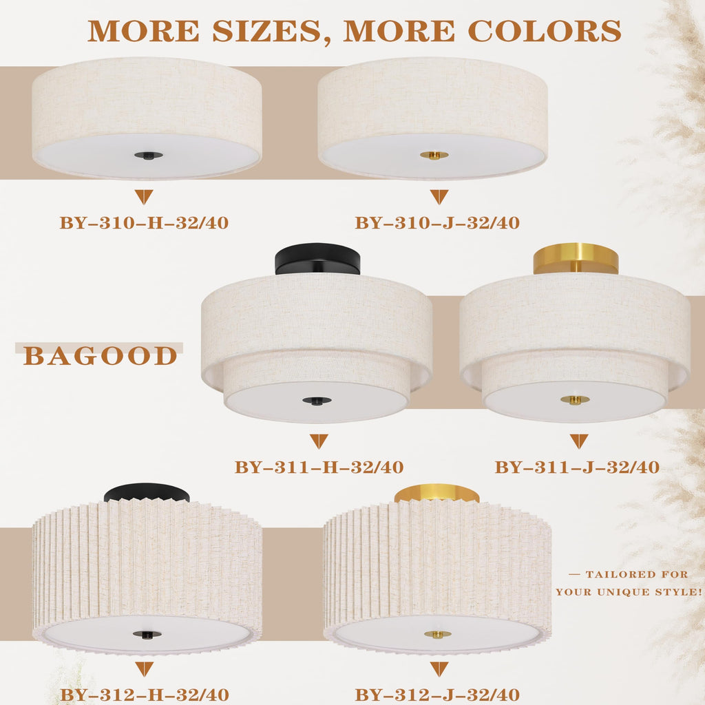 3 Light Semi Flush Mount Ceiling Light Fixture 15.7 Inch Modern Black Drum Ceiling Light Fixture with 2-Layer Fabric