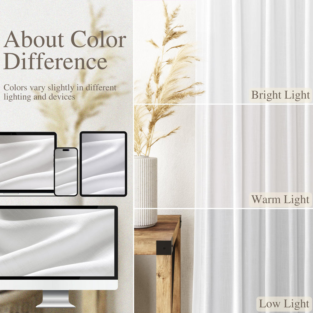 White Linen Curtains Back Tab Light Filtering Privacy Sheer Drapes 74 Inches Long Modern Farmhouse Coastal Decor