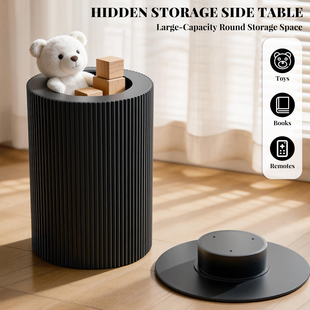 Fluted Side Table with Storage, 24" Round Reversible Wood End Table