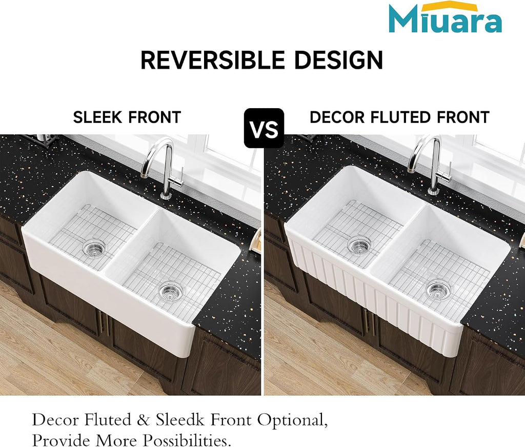 Double Bowl Farmhouse Sink 33" x 18" White Apron Front Kitchen Sink | , Large dual bowl 50/50, Heavy duty fireclay