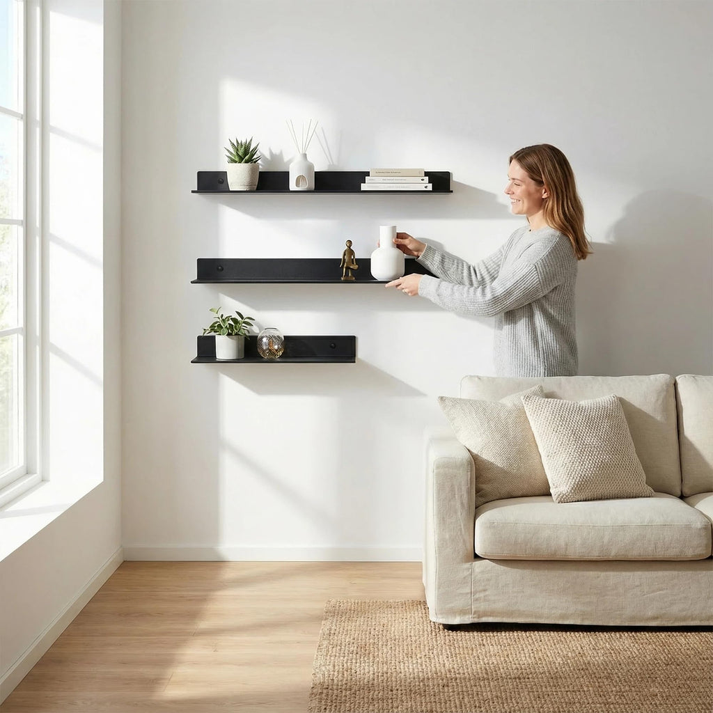 Bathroom Shelf, Small Floating Wall Shelves, Decorative Ledge Shelf, Aluminum, Wall Mounted, Matt Black, 24/20/16