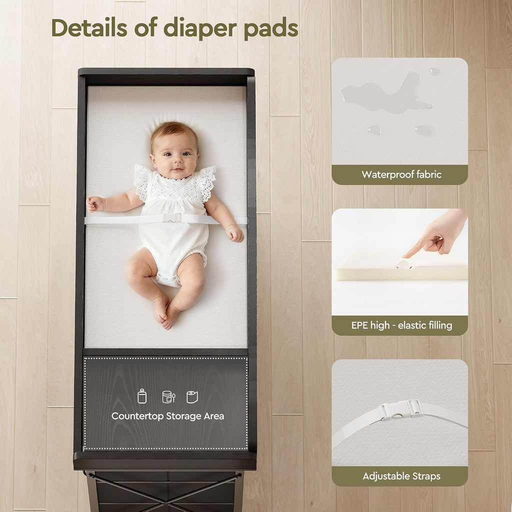 Changing Table, 6-Drawer Dresser, Adjustable Shelves, Mobile, Black | Changing Table,Waterproof Diaper pad & Safety