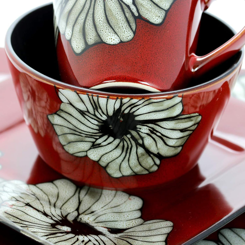 S Luxurious Red Winter Bloom 16 Piece Dinnerware Set with Complete Settign for 4