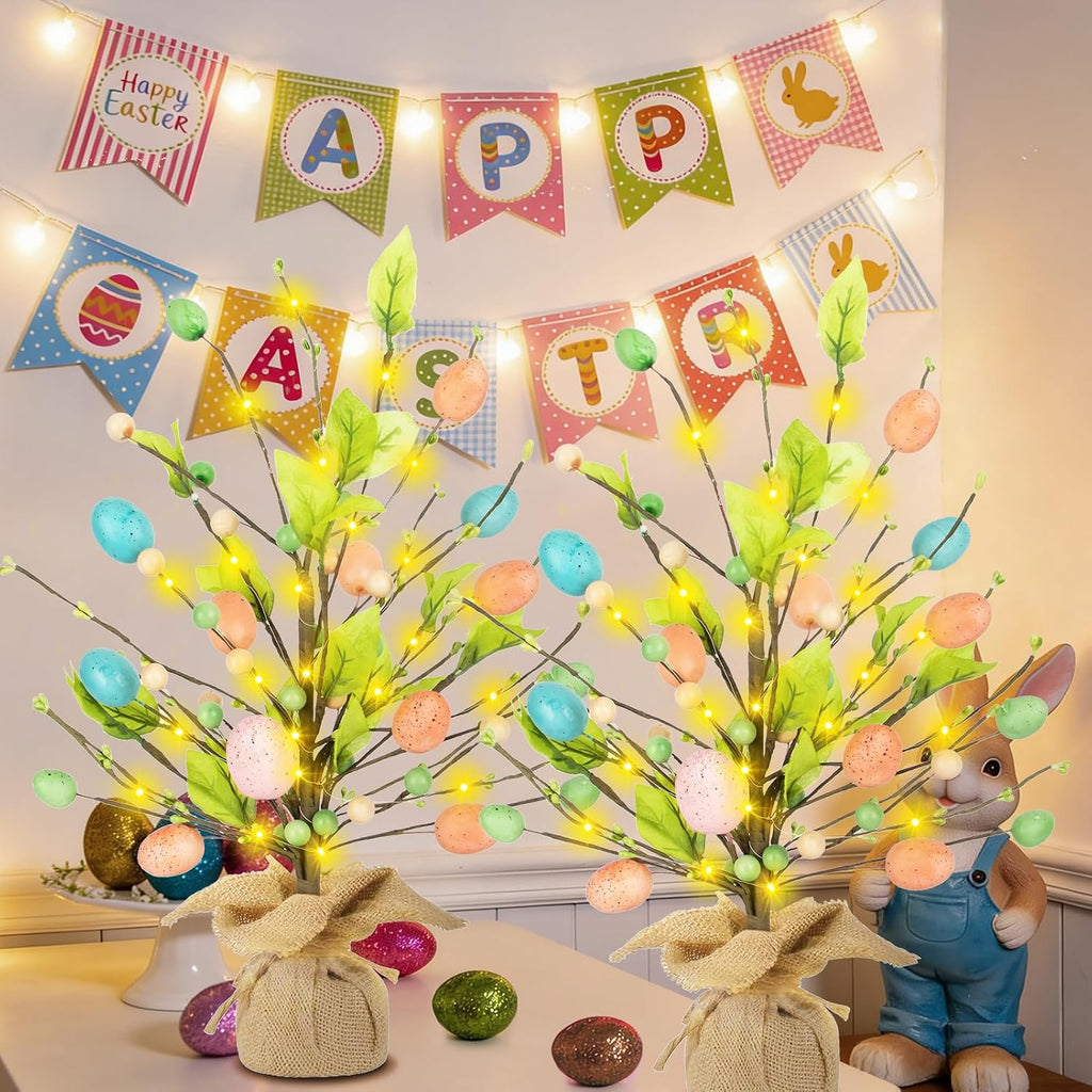 Easter Decorations, 18 Inch Easter Egg Tree with Timer Fairy Lights Colorful Egg Adjustable Branches Mini Tabletop