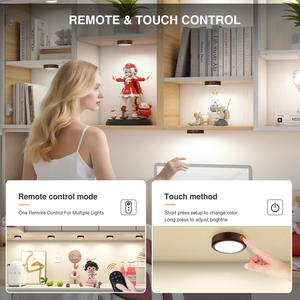 Puck Lights with Remote Control Rechargeable, Full-Screen Wireless LED Under Cabinet Lighting with Light Guide