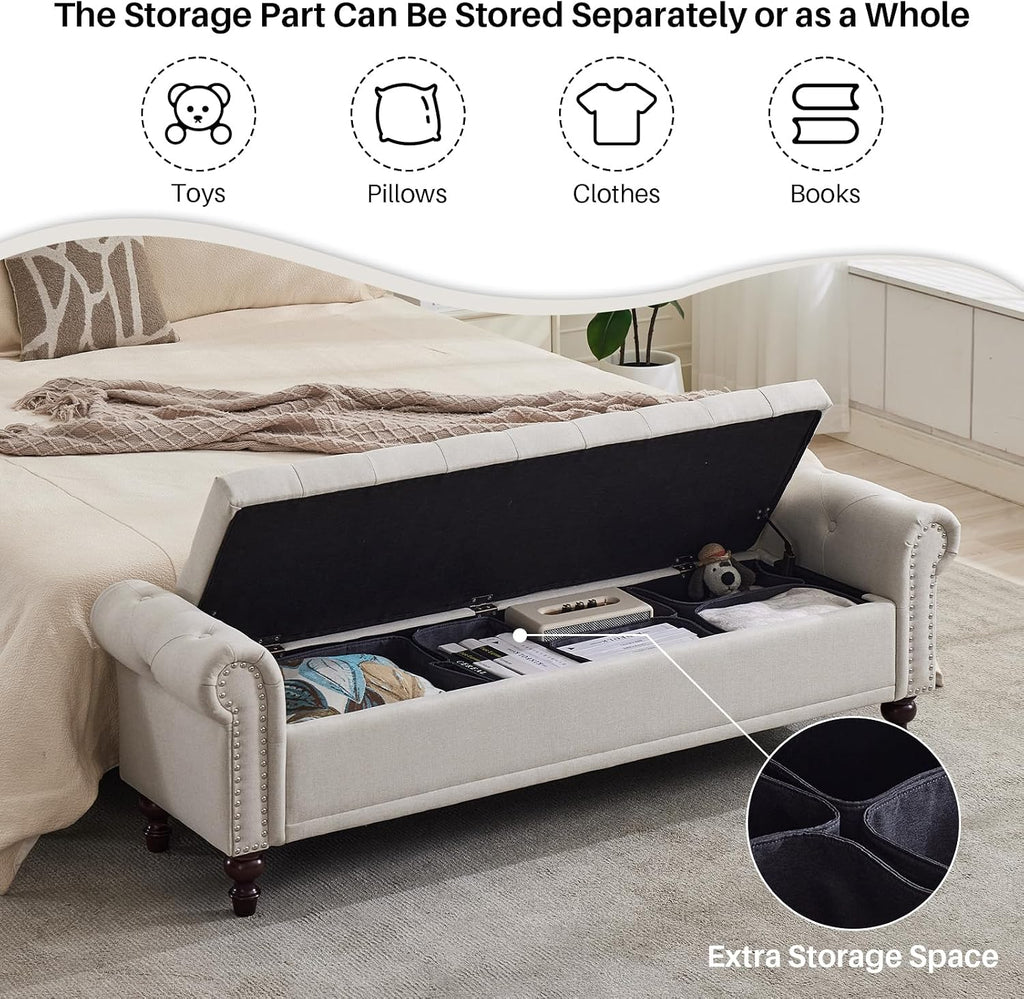 67" Storage Bench , Linen Upholstered, Beige | King Size End of Bedroom Bed Bench Ottoman with Tufted Cushioned