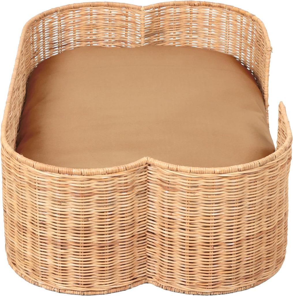 Scallop Handwoven Water Hyacinth Pet Bed with Machine Washable Cushion, 31" x 20" Wicker Cat and Dog Bed