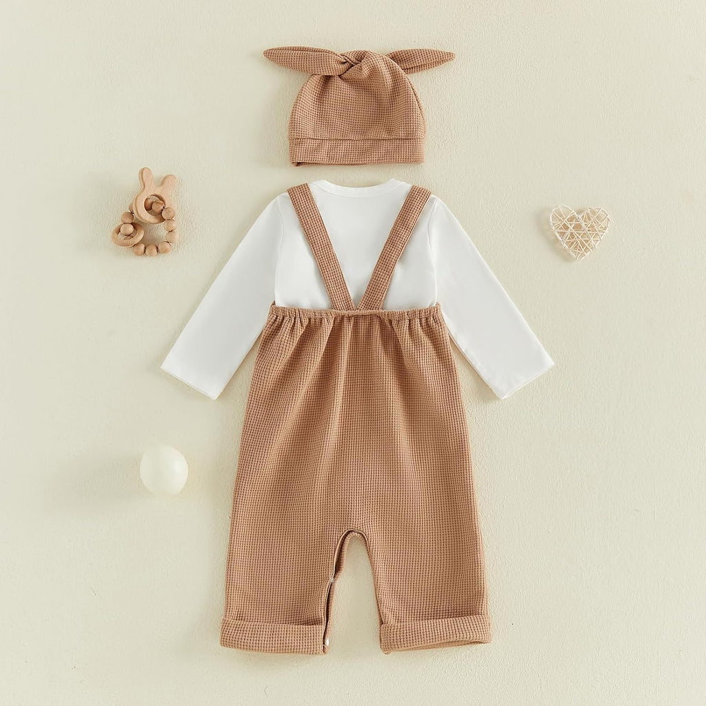 Newborn Baby Boy Clothes Infant Long Sleeve Romper Waffle Suspender Overalls Pants Hat Set Fall Winter Outfits