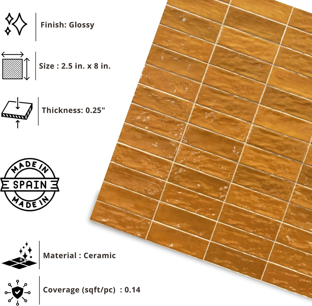 2.5x8 Mustard Glossy Handmade Look Ceramic Wall Tile - Spanish Zellige Style Subway Tile Backsplash, Bathroom, and