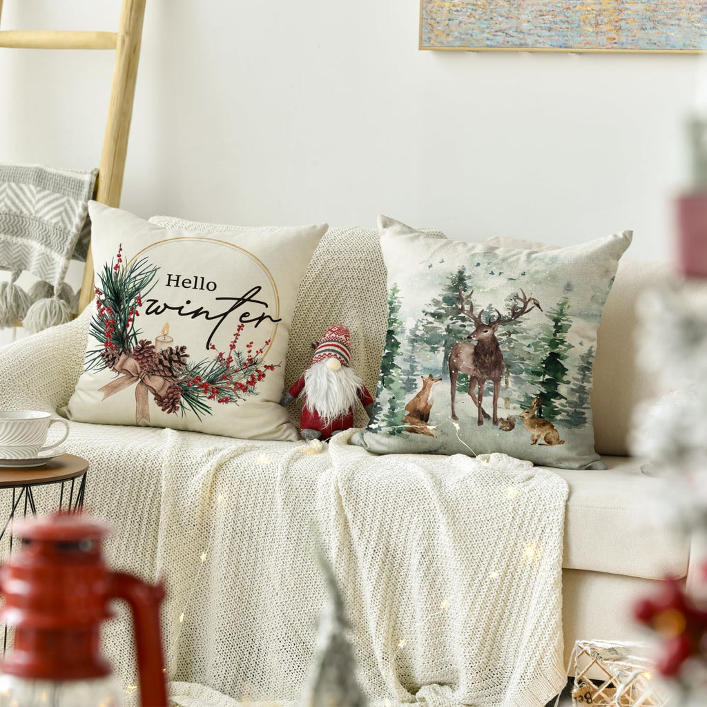 Merry Christmas Trees Reindeer Snowflake Throw Pillow Covers, 18 x 18 Inch Xmas Red Berries Hello Winter Holiday - Set of 4