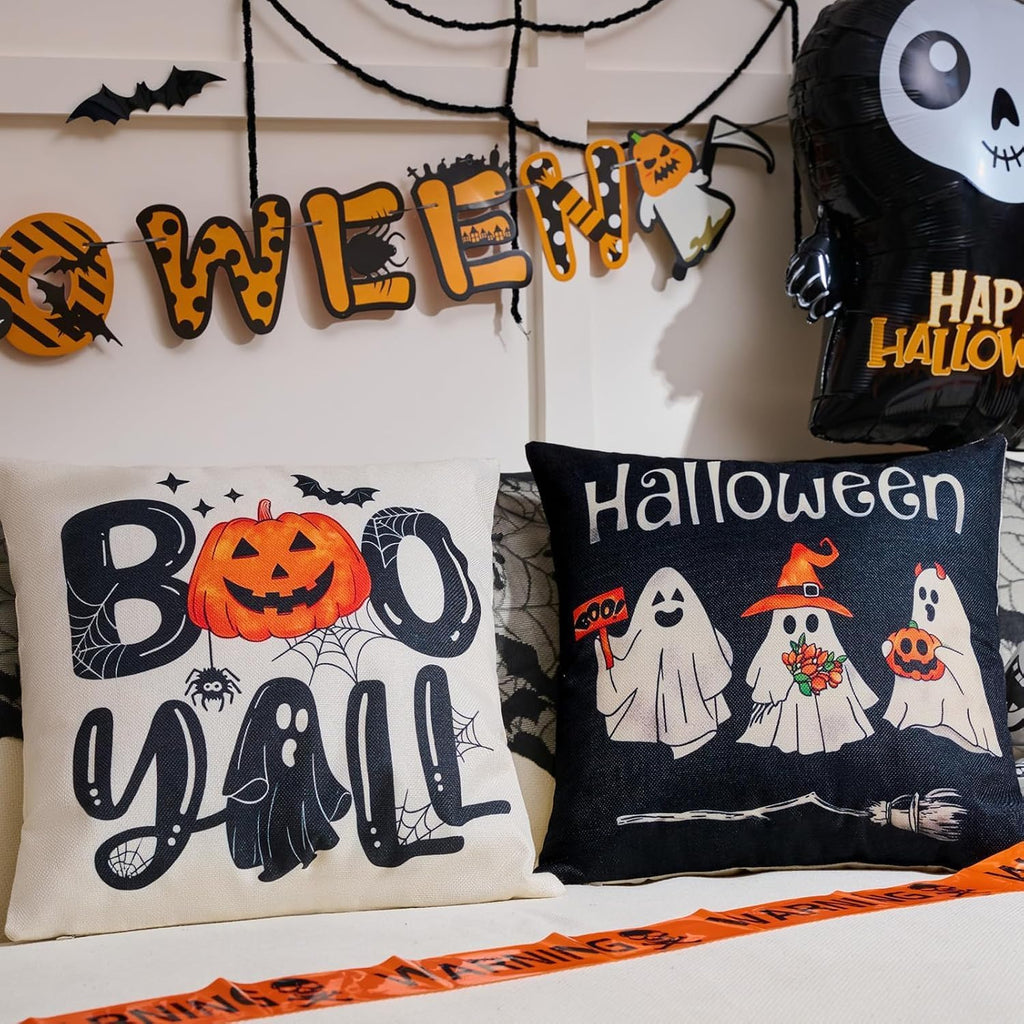 Ghost Halloween Decor-Throw Pillow Covers 20x20 in,Spooky Gothic Linen Pillow Case for Couch Fall Christmas - Set of 4