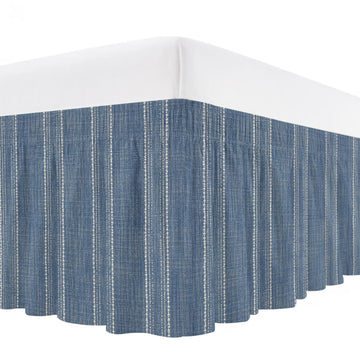 Bed Skirt Denim Blue Linen Stripes Bedskirt 18 Inch Drop Parallel Vertical Lines Adjustable Elastic Wrap Around Bed