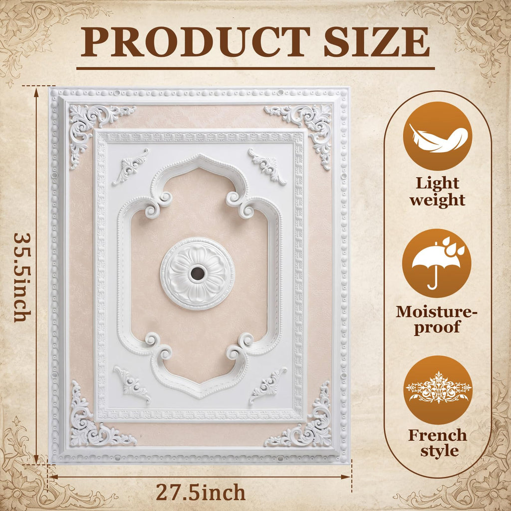 35.5 x 27.5 Inch White Ceiling Medallion, Square Rococo Palace