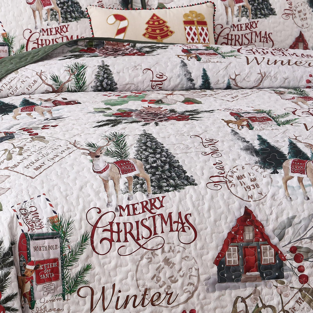Christmas Quilt Set Queen, Xmas Tree Reindeer Christmas Bedding