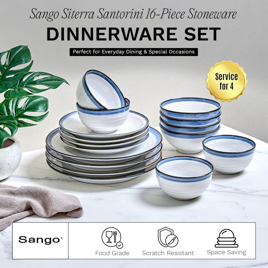 Siterra Santorini 16-Piece Stoneware Dinnerware Set for 4, Ceramic White Plates and Bowls Sets with Blue Rim &