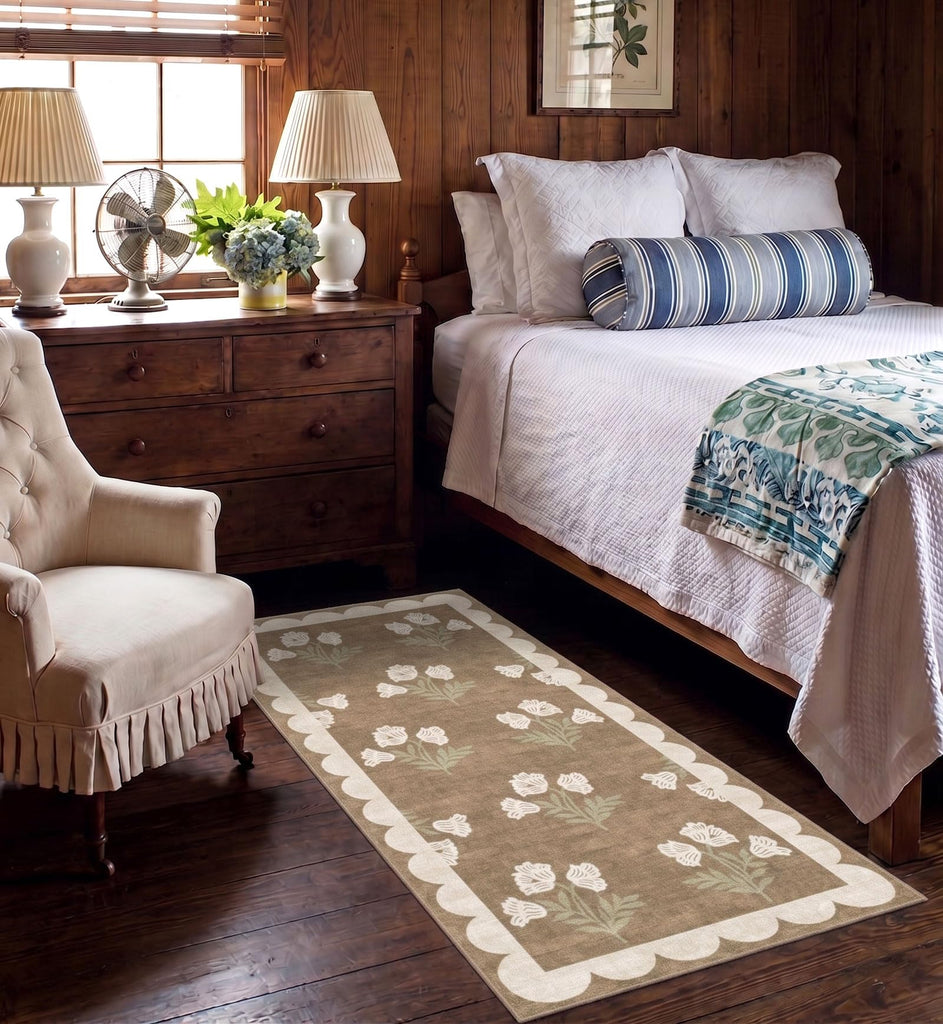 Tan Rug Runner, Boho Floral Scalloped Laundry Room Rug Non-Slip