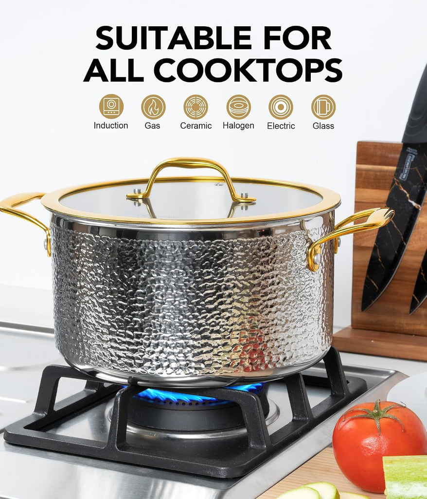 Triply Stainless Steel Pots and Pans Set, 10-Piece Hammered Stainless Steel Cookware Set with Golden Handle, Premium