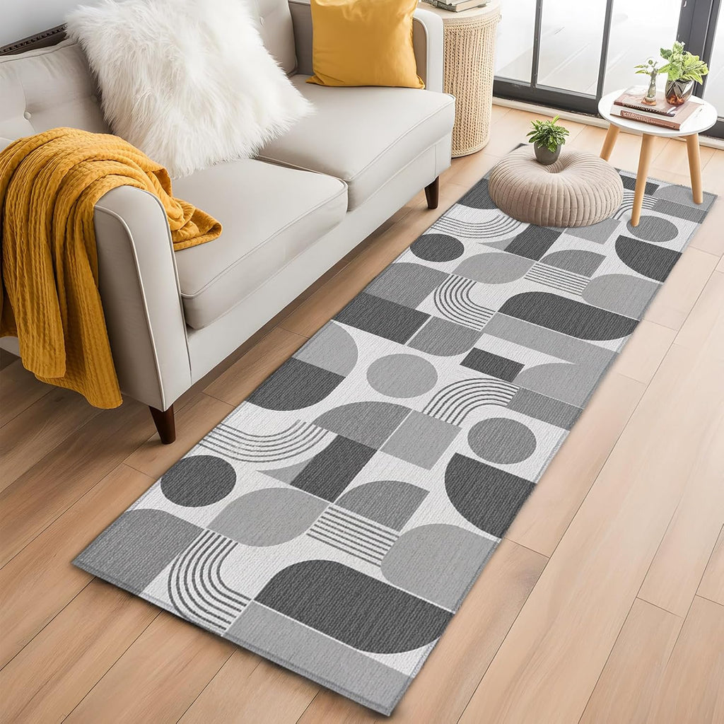 Grey Grid Blocks Runner Rug Non Slip 2x6 Boho Modern Abstract Art Geometric Minimalist Arch Lines Washable Rug Runner