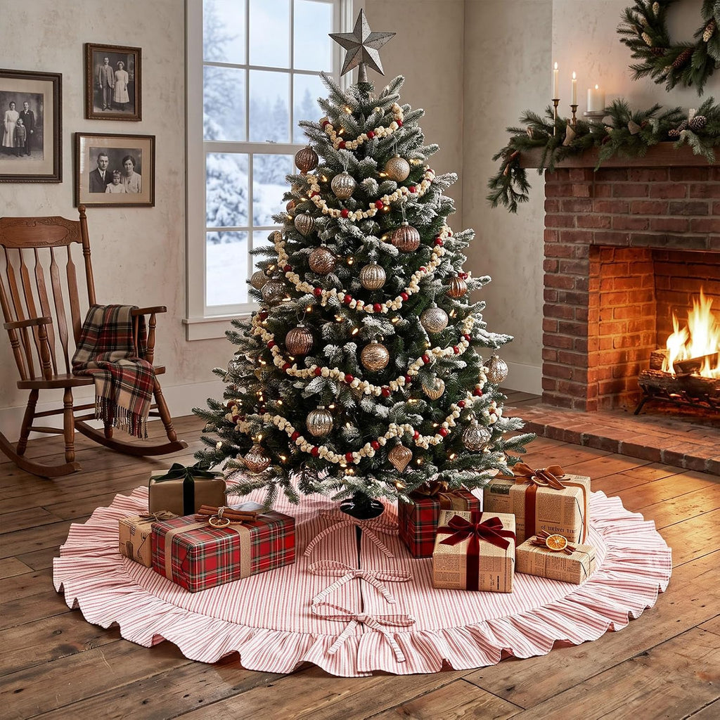 Christmas Tree Skirt Large, 72 Inch Red Pinstripe Ruffle