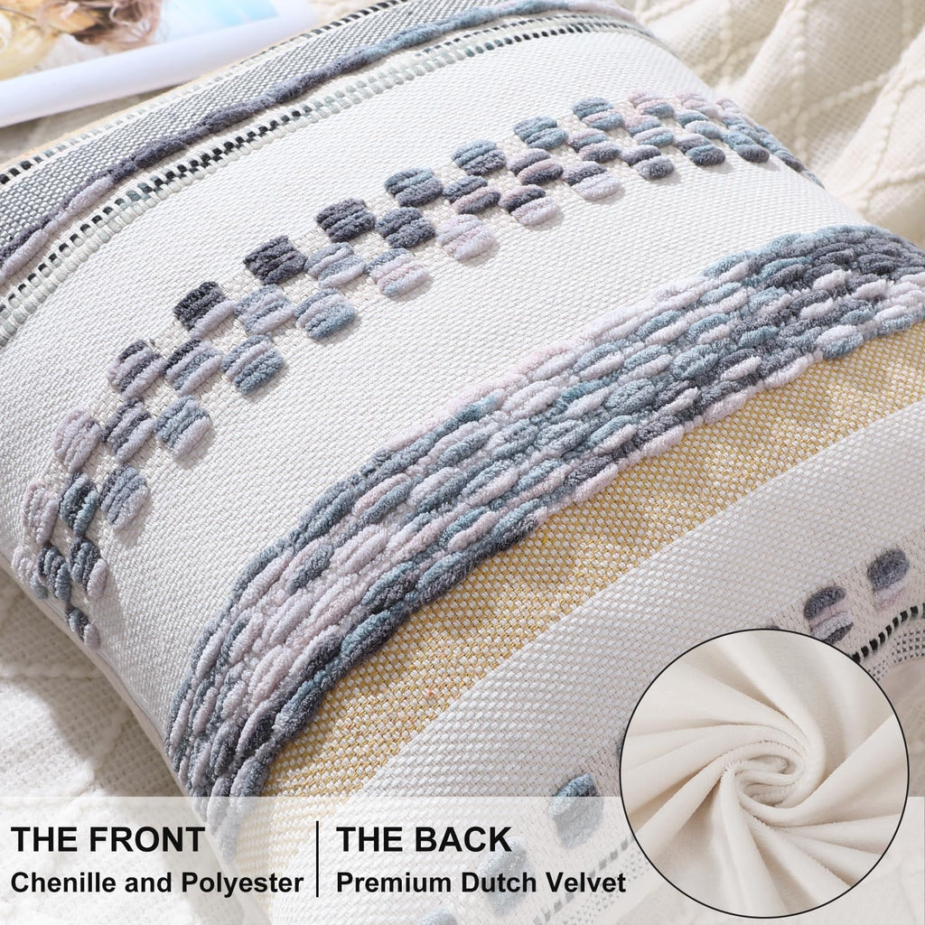 Boho Decorative Throw Pillow Covers 18x18 Set of 2, Striped Chenille Tufted Pillow Covers with Tassels for Couch Bed