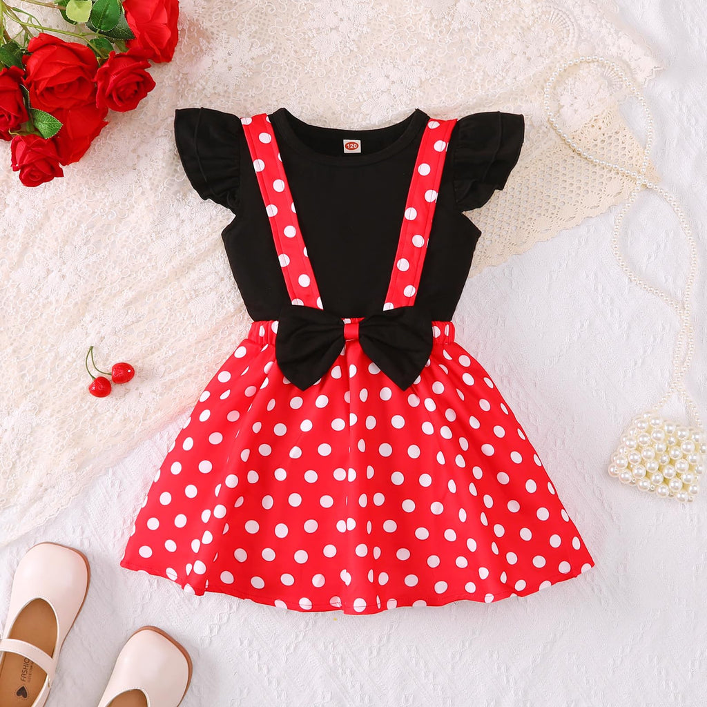 Baby Girls Skirts Set Ruffle Cloth +Polka Dot Overall Dress Bow Polka Dot Skirt Set, Short Sleeve, Black