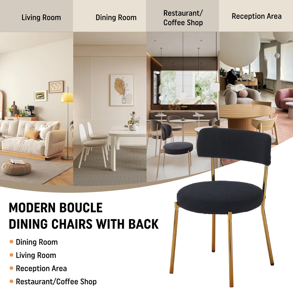 Boucle Set of 2, Modern Round Upholstered, Curved Backrest Kitchen Dining Room Chairs, Mid-Century Black Dining
