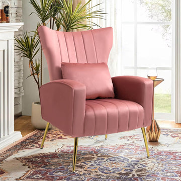 Velvet Accent Chair Bedroom, Modern Arm Chair with Wingback & Gold Metal Legs, Lumbar Pillow Included, Blush Pink