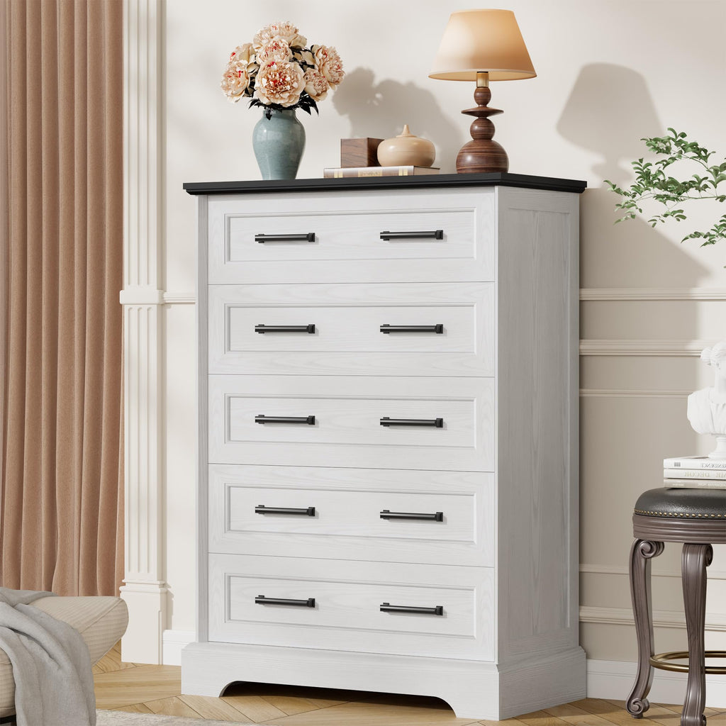 Farmhouse Dresser, 5 Drawers Dresser, White & Black