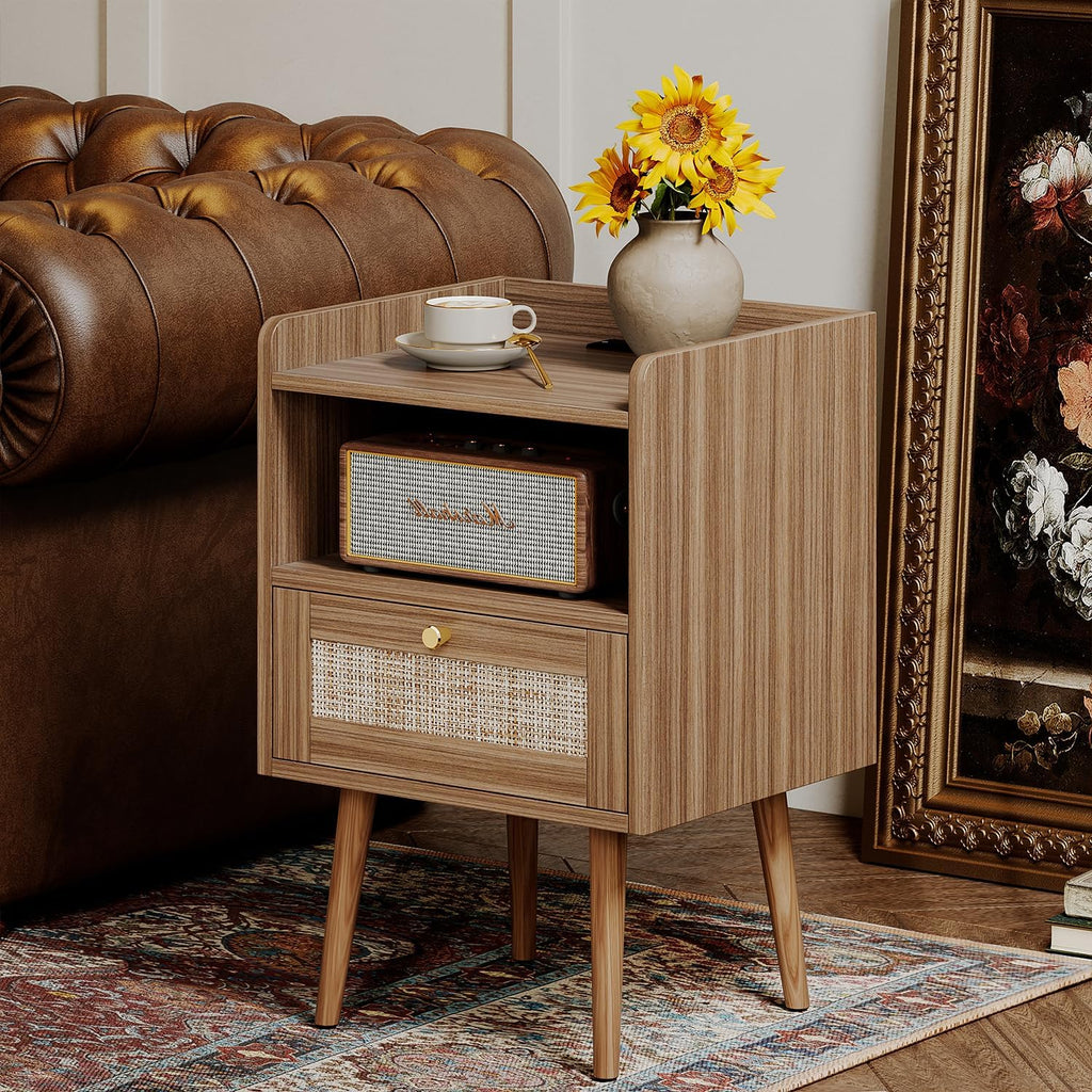 Night Stand Set 2, Nightstands Set of 2 with Charging Station, Rattan Side Tables with Solid Wood Legs, Boho Bedside