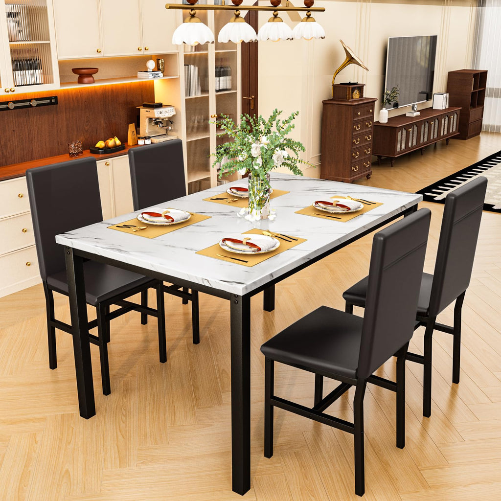 Dining Table Set for 4, Faux Marble Table and 4 PU Leather Chairs, Kitchen Table and Chairs for 4, Modern Dining Room