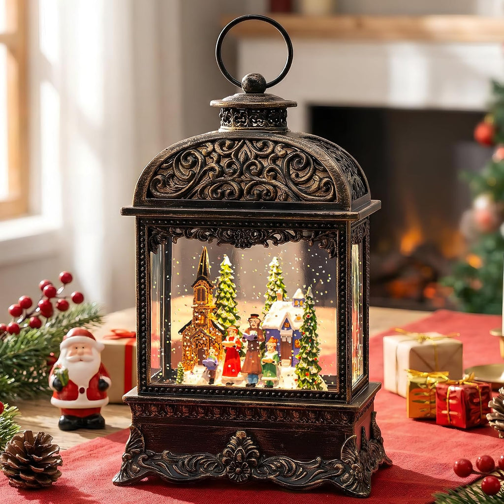 Christmas Village Snow Globe Water Lantern with Church Carolers Scene Battery Operated or USB Powered Musical Lighted