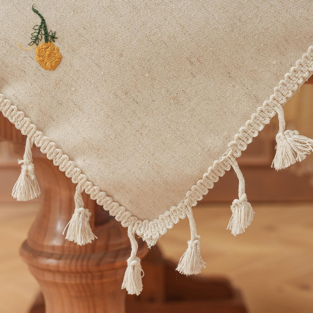 Boho Linen Blend Tablecloth 60 x 60 Inch, Beige Embroidered Daisy Floral Table Cover with Tassel Fringe, Soft