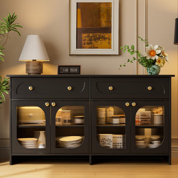Buffet Cabinet with Storage and LED Light, 55" Sideboard Buffet Cabinet with 4 Glass Doors & 2 Drawers & Adjustable