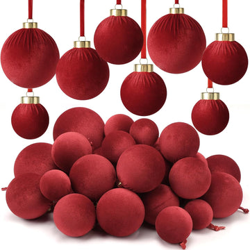 Velvet Christmas Balls Bulk, Flocked Christmas Tree Ornaments(Red) - Set of 48
