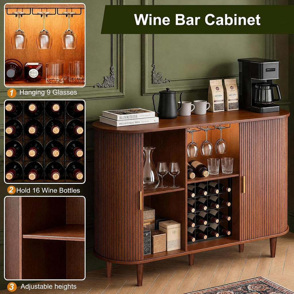55" Wine Bar Cabinet with Storage, Fluted Liquor & Coffee Bar Cabinet with Wine Rack and Glass Holder, Buffet
