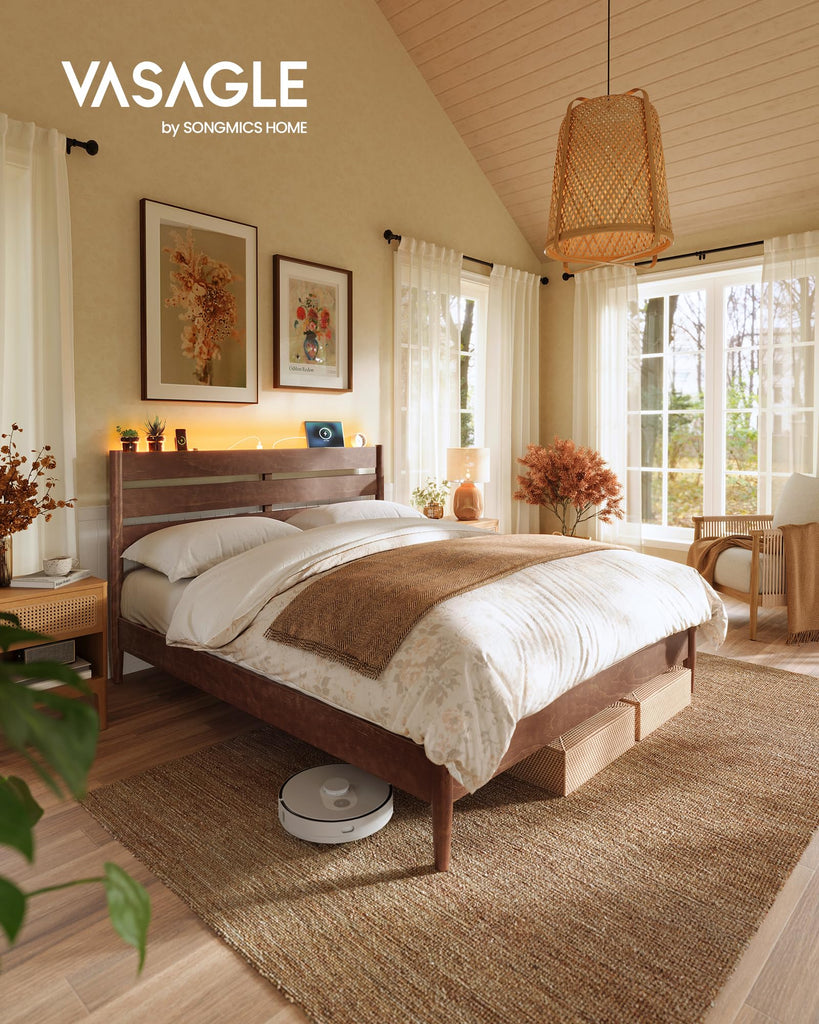 Queen Bed Frame, Wood Platform Bed with Headboard Storage Shelf