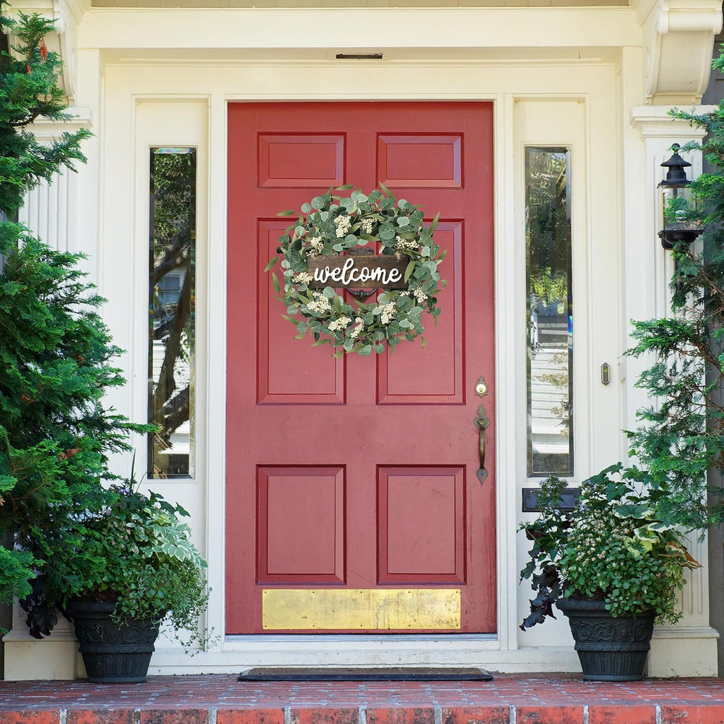Green Eucalyptus Wreath with Welcome Sign 20in Artificial Spring Summer White Berries for Front Door Wall Window
