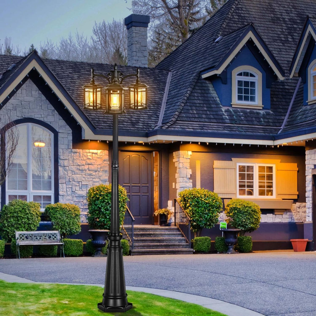 Dusk to Dawn Outdoor Lamp Post Lights, Black Light Pole with Clear Glass Panels (3 LED Bulbs Included)